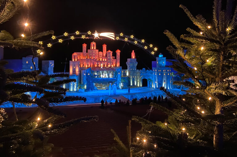 Festlich beleuchtetes Rathaus – Rathaus im blauen Licht mit Dekoration.